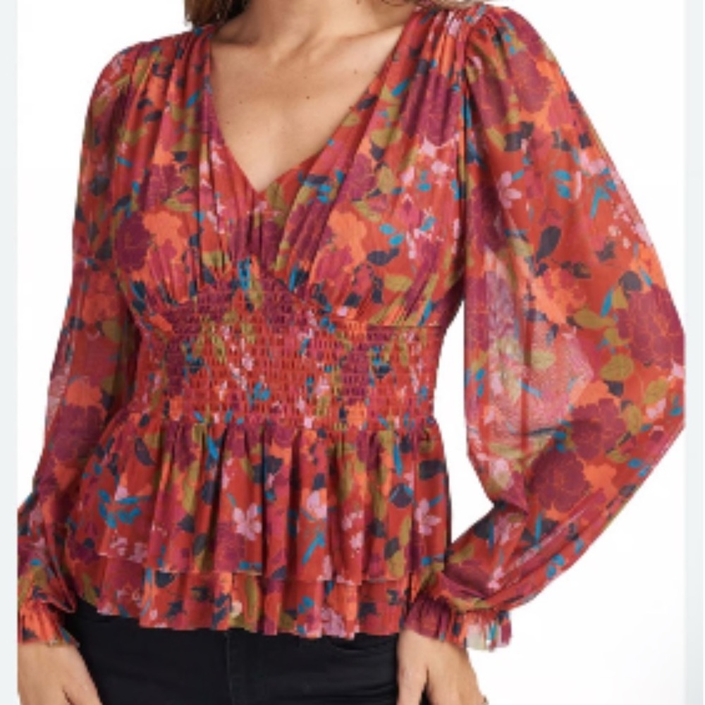 Daniel Rainn DR2 Women's Smocked Peplum Top stretch Floral Print Sz Small EUC